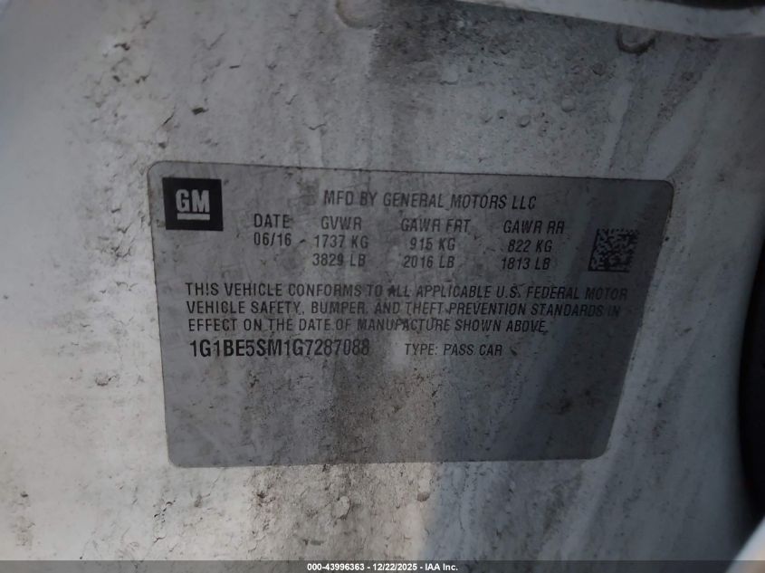 2016 Chevrolet Cruze Lt Auto VIN: 1G1BE5SM1G7287088 Lot: 43996363