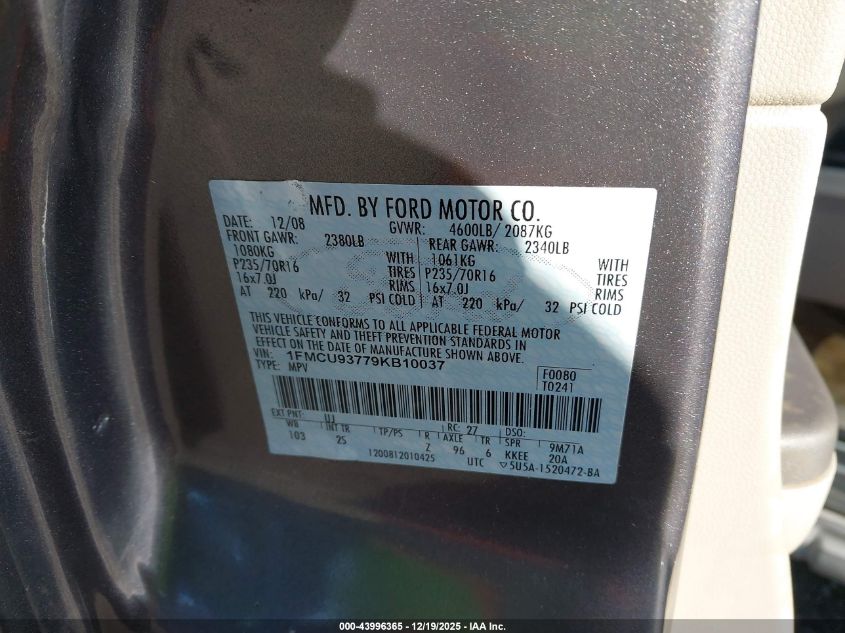 2009 Ford Escape Xlt VIN: 1FMCU93779KB10037 Lot: 43996365