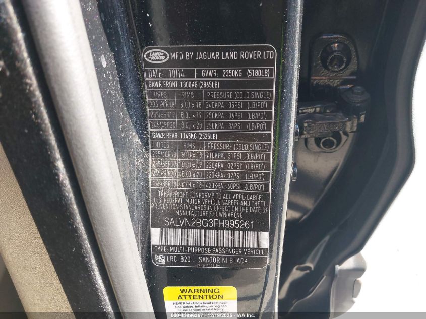 2015 Land Rover Range Rover Evoque Pure VIN: SALVN2BG3FH995261 Lot: 43996367