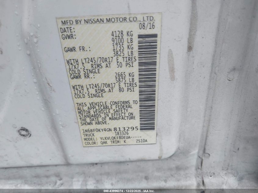 2016 Nissan Nv Cargo Nv2500 Hd S V6 VIN: 1N6BF0KY4GN813295 Lot: 43996374