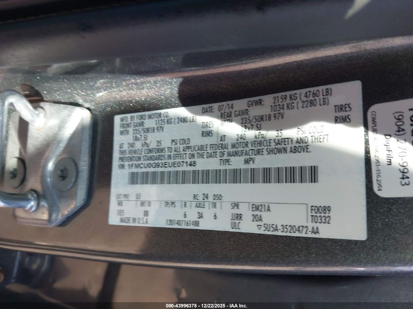 2014 Ford Escape Se VIN: 1FMCU0G93EUE07148 Lot: 43996378