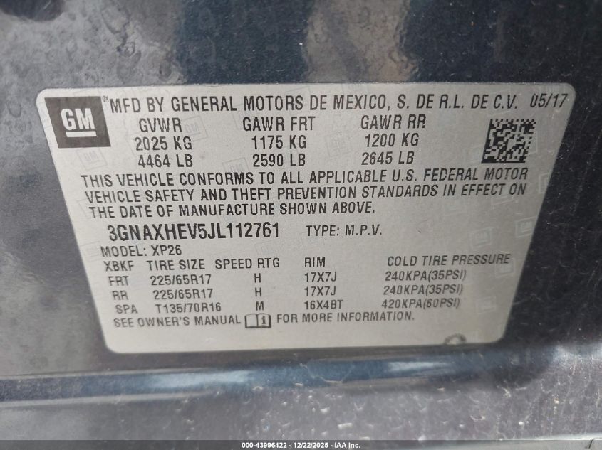 2018 Chevrolet Equinox Ls VIN: 3GNAXHEV5JL112761 Lot: 43996422