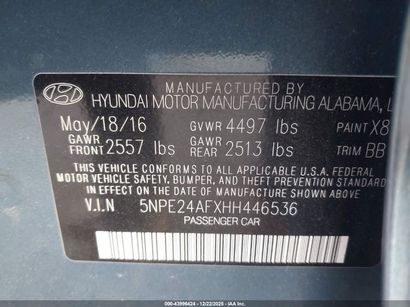 2017 Hyundai Sonata Se VIN: 5NPE24AFXHH446536 Lot: 43996424