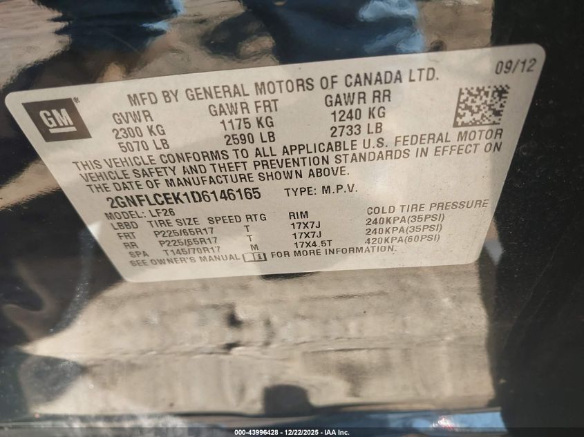 2013 Chevrolet Equinox Ls VIN: 2GNFLCEK1D6146165 Lot: 43996428