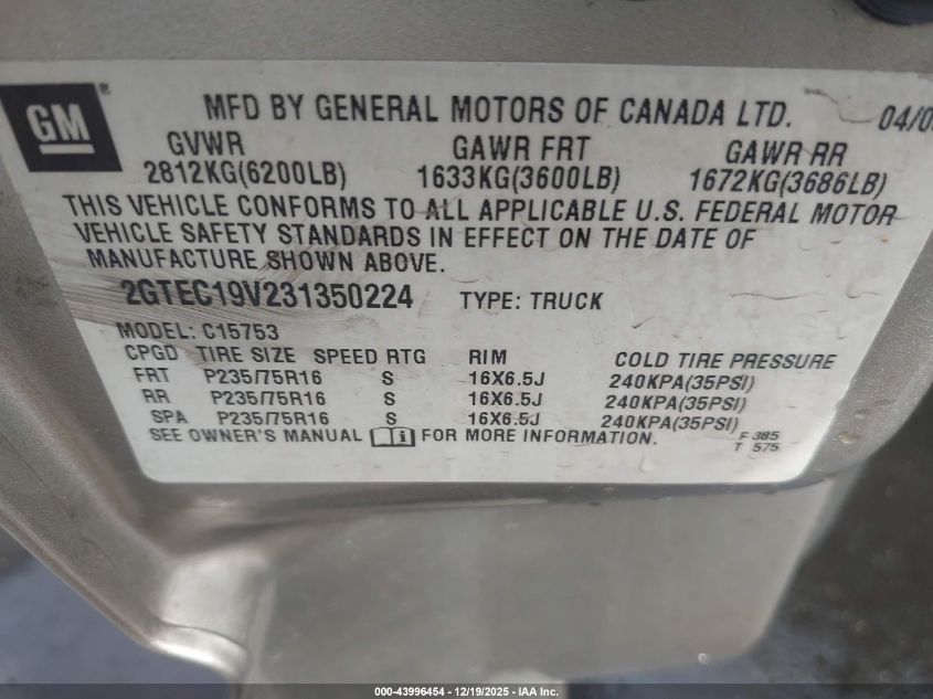 2003 GMC Sierra 1500 Sle VIN: 2GTEC19V231350224 Lot: 43996454