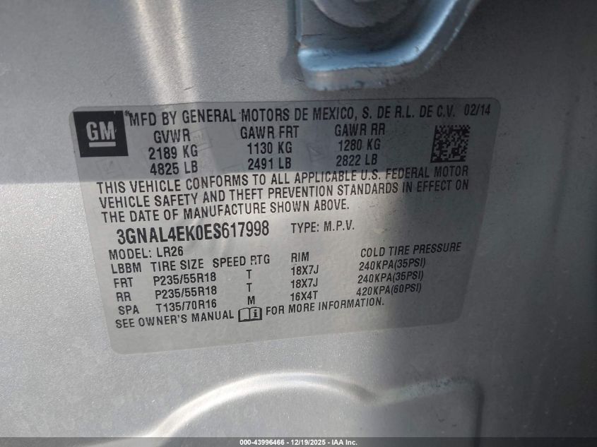 2014 Chevrolet Captiva Sport Ltz VIN: 3GNAL4EK0ES617998 Lot: 43996466