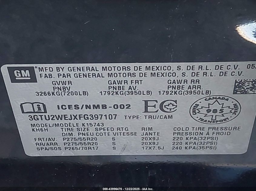 2015 GMC Sierra 1500 Denali VIN: 3GTU2WEJXFG397107 Lot: 43996476