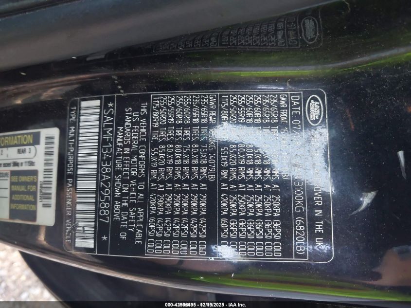 2008 Land Rover Range Rover Supercharged VIN: SALMF13438A295887 Lot: 43996495