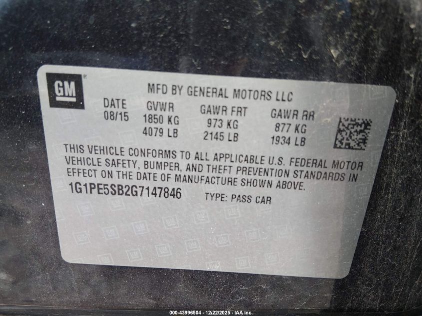 2016 Chevrolet Cruze Limited 1Lt Auto VIN: 1G1PE5SB2G7147846 Lot: 43996504