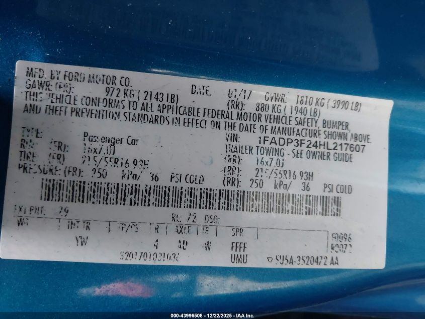 2017 Ford Focus Se VIN: 1FADP3F24HL217607 Lot: 43996508