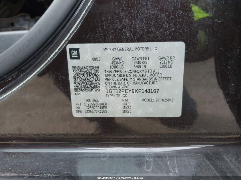 2019 GMC Sierra 2500Hd Sle VIN: 1GT12PEY9KF148167 Lot: 43996537