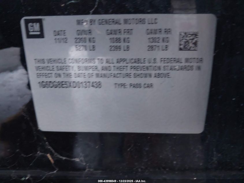 2013 Cadillac Cts Luxury VIN: 1G6DG8E5XD0137438 Lot: 43996549