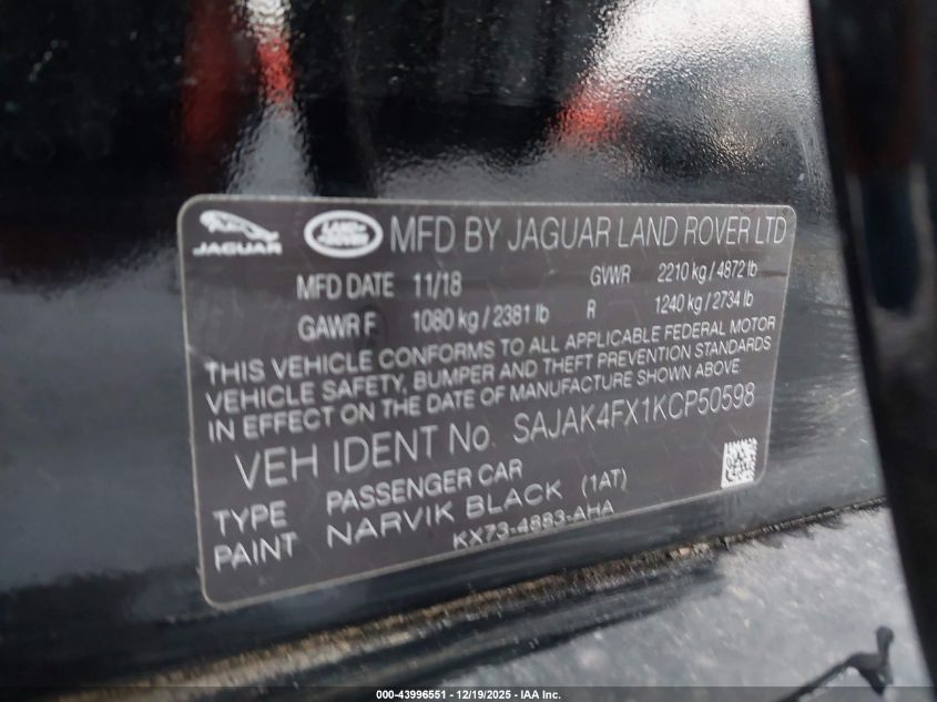2019 Jaguar Xe 25T Prestige VIN: SAJAK4FX1KCP50598 Lot: 43996551