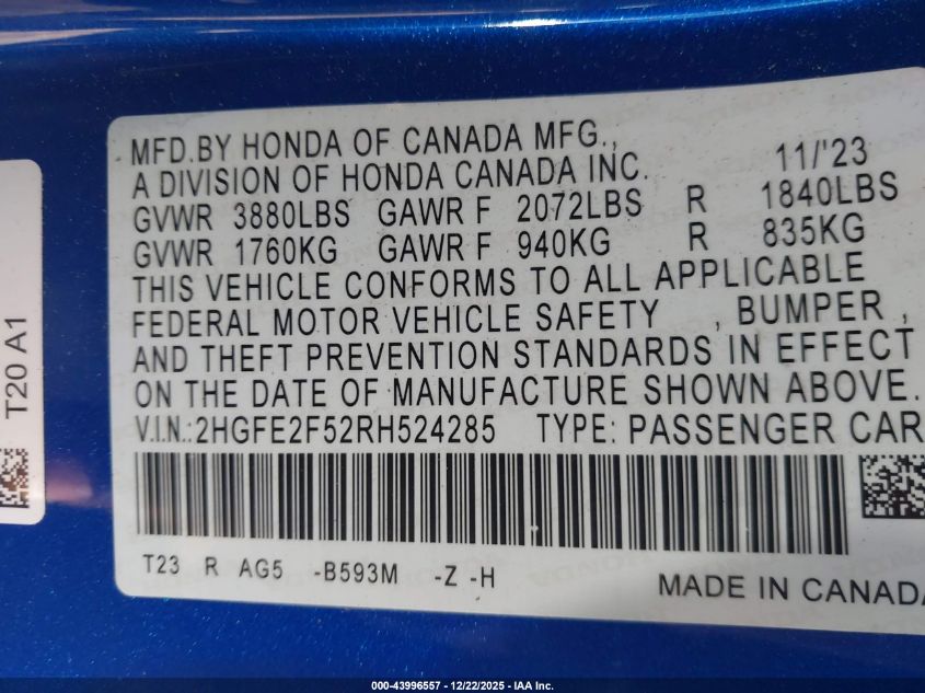 2024 Honda Civic Sport VIN: 2HGFE2F52RH524285 Lot: 43996557