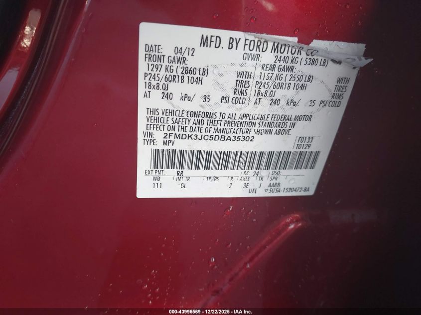 2013 Ford Edge Sel VIN: 2FMDK3JC5DBA35302 Lot: 43996569