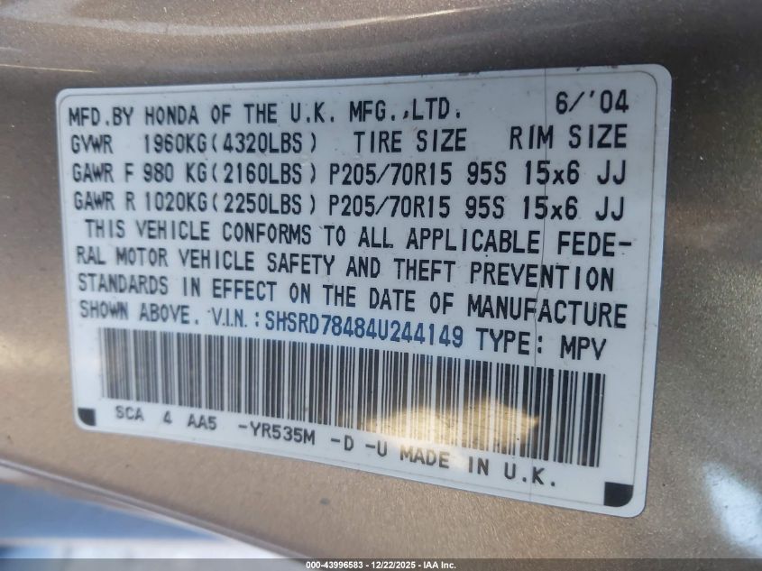 2004 Honda Cr-V Lx VIN: SHSRD78484U244149 Lot: 43996583