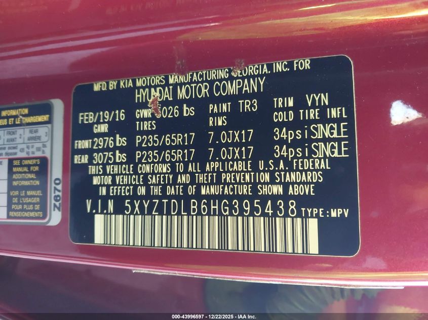 2017 Hyundai Santa Fe Sport 2.4L VIN: 5XYZTDLB6HG395438 Lot: 43996597