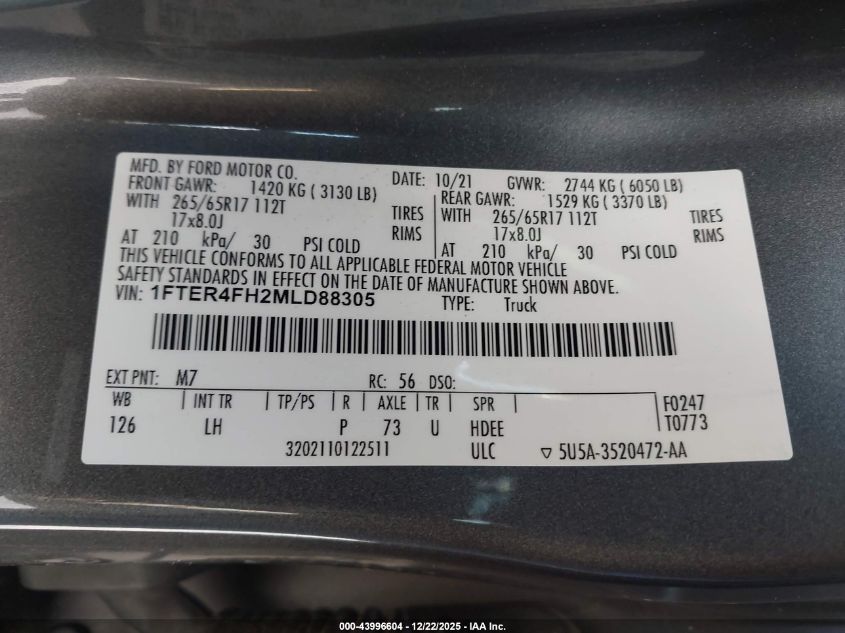 2021 Ford Ranger Xlt VIN: 1FTER4FH2MLD88305 Lot: 43996604