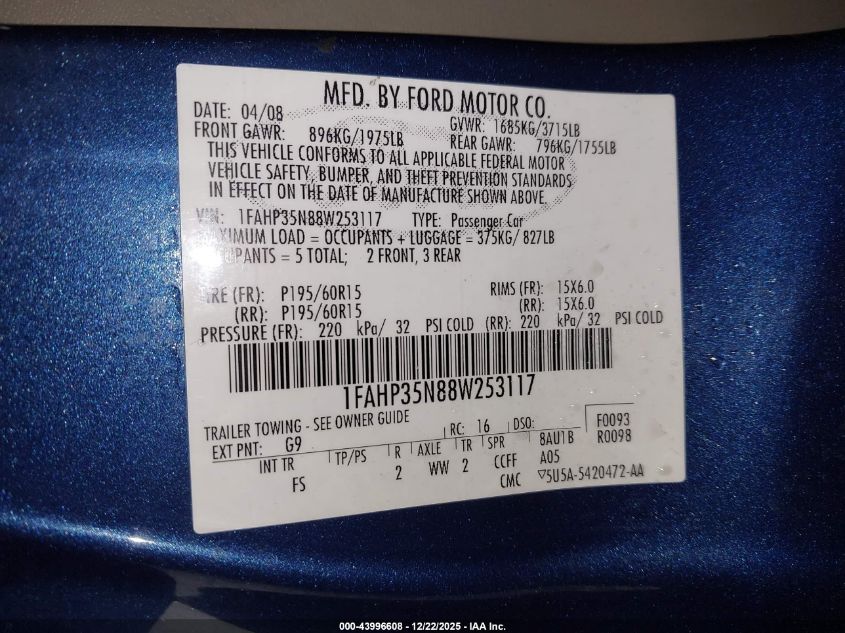 2008 Ford Focus Se/Ses VIN: 1FAHP35N88W253117 Lot: 43996608