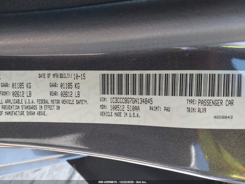 2016 Chrysler 200 S VIN: 1C3CCCBG7GN134845 Lot: 43996615