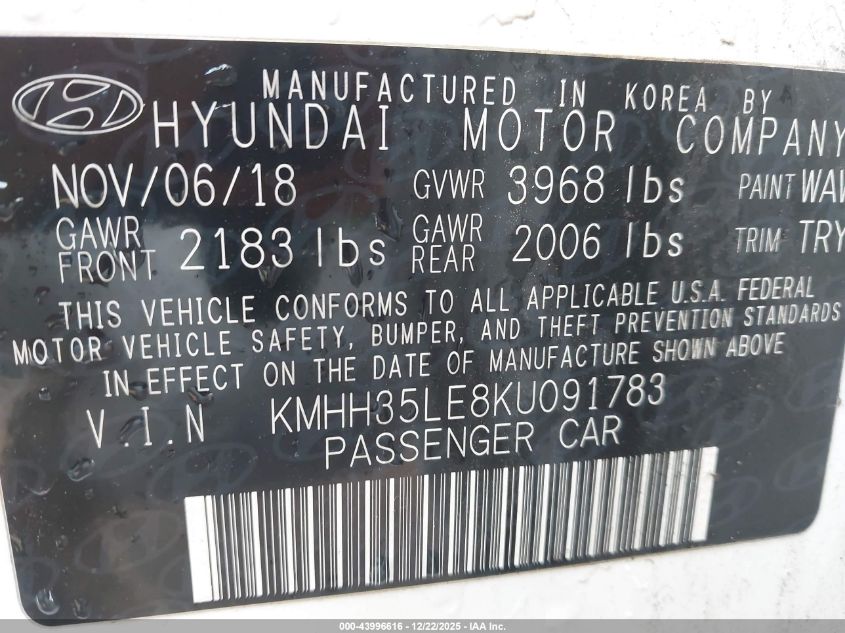 2019 Hyundai Elantra Gt VIN: KMHH35LE8KU091783 Lot: 43996616