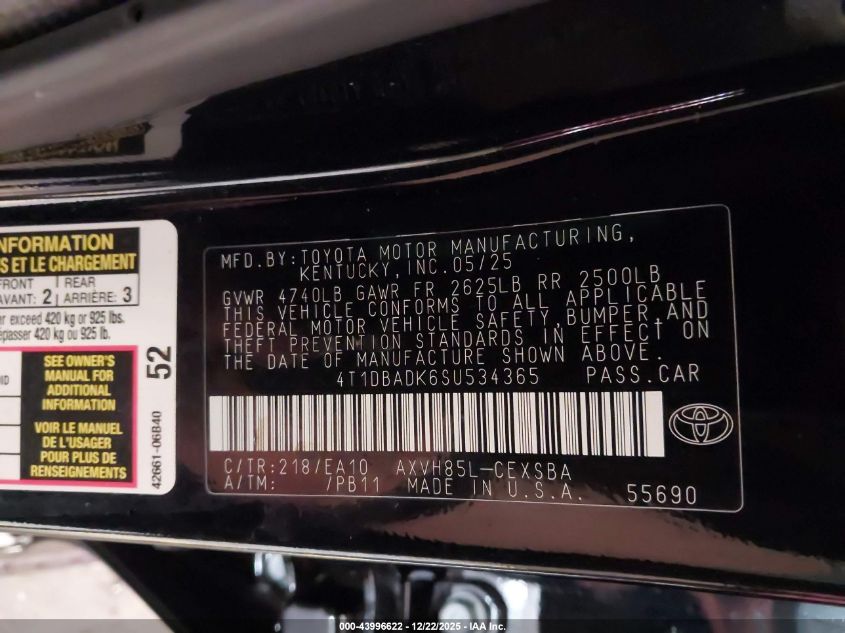 2025 Toyota Camry Se VIN: 4T1DBADK6SU534365 Lot: 43996622