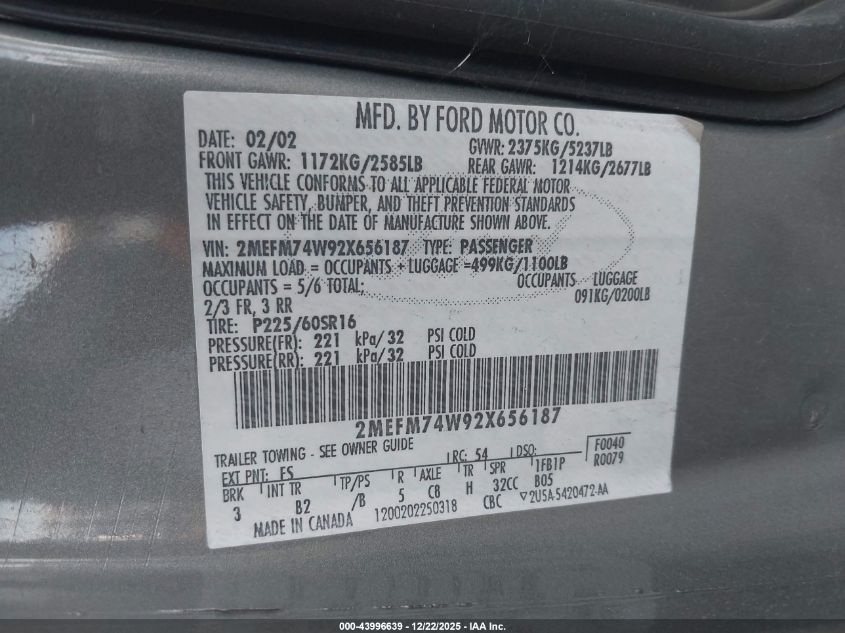 2002 Mercury Grand Marquis Gs VIN: 2MEFM74W92X656187 Lot: 43996639