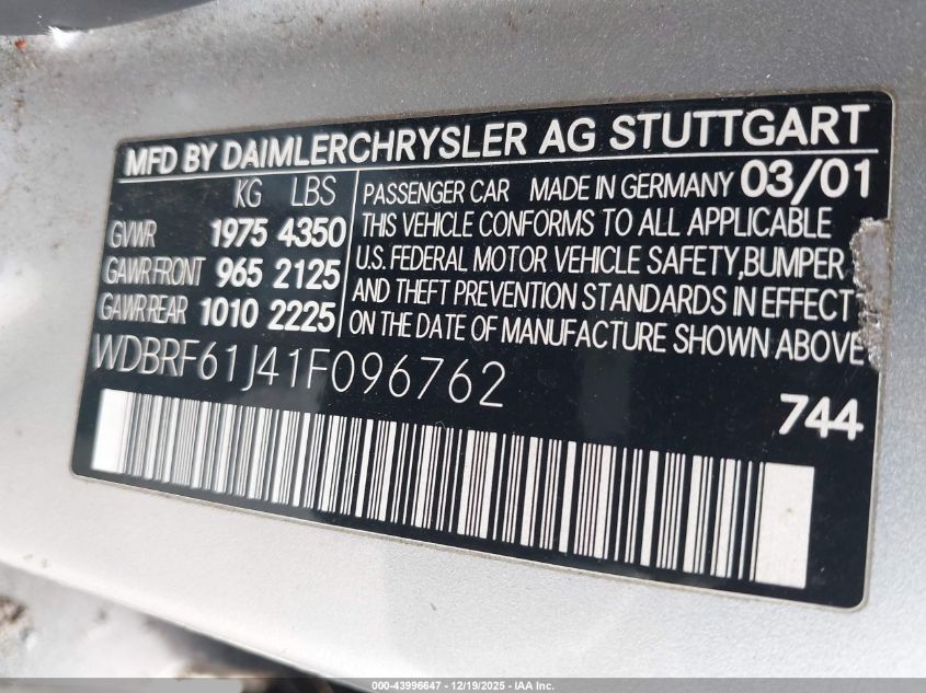 2001 Mercedes-Benz C 240 VIN: WDBRF61J41F096762 Lot: 43996647