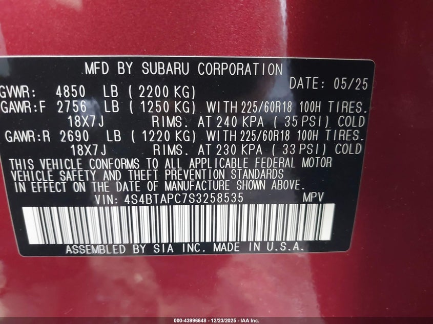 VIN 4S4BTAPC7S3258535 2025 SUBARU OUTBACK TOURING