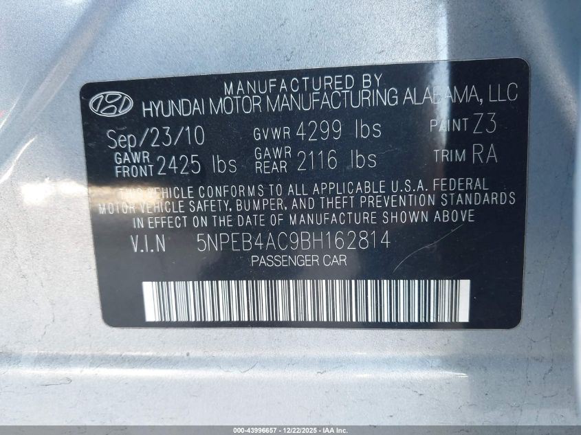 2011 Hyundai Sonata Gls VIN: 5NPEB4AC9BH162814 Lot: 43996657