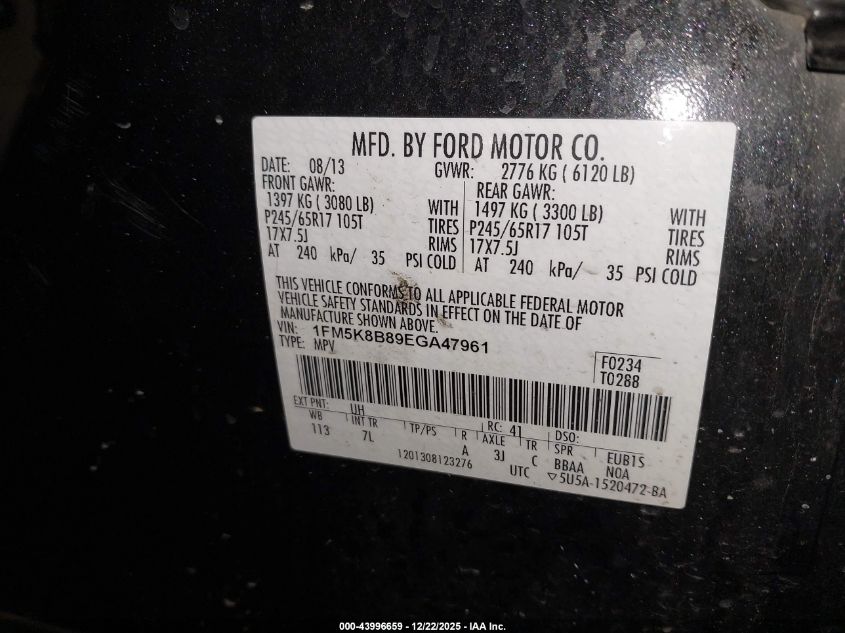 2014 Ford Explorer VIN: 1FM5K8B89EGA47961 Lot: 43996659