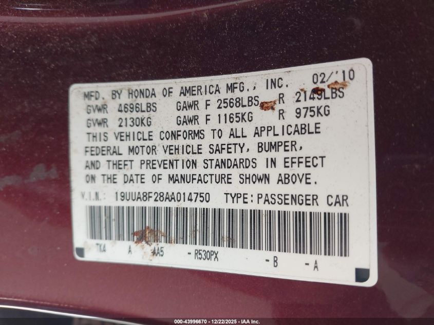 2010 Acura Tl 3.5 VIN: 19UUA8F28AA014750 Lot: 43996670