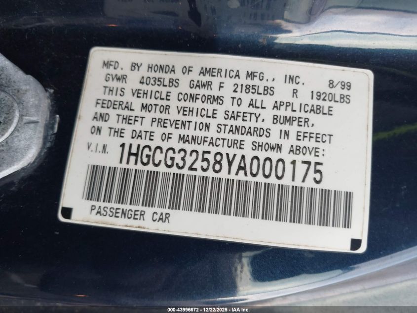2000 Honda Accord 2.3 Ex VIN: 1HGCG3258YA000175 Lot: 43996672