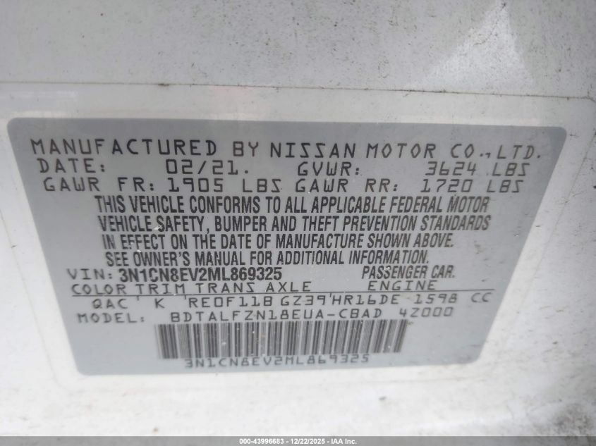 2021 Nissan Versa Sv Xtronic Cvt VIN: 3N1CN8EV2ML869325 Lot: 43996683
