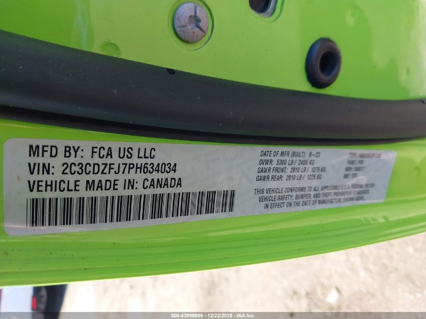 2023 Dodge Challenger R/T Scat Pack VIN: 2C3CDZFJ7PH634034 Lot: 43996699