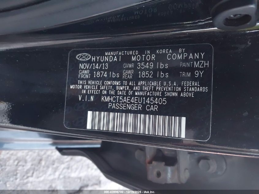 2014 Hyundai Accent Gs VIN: KMHCT5AE4EU145405 Lot: 43996700