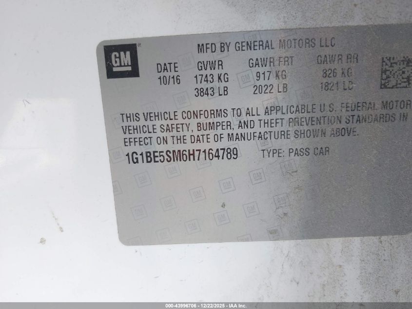 2017 Chevrolet Cruze Lt Auto VIN: 1G1BE5SM6H7164789 Lot: 43996706
