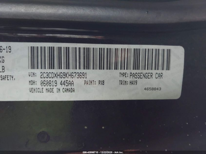 2019 Dodge Charger Gt Rwd VIN: 2C3CDXHG9KH673691 Lot: 43996710