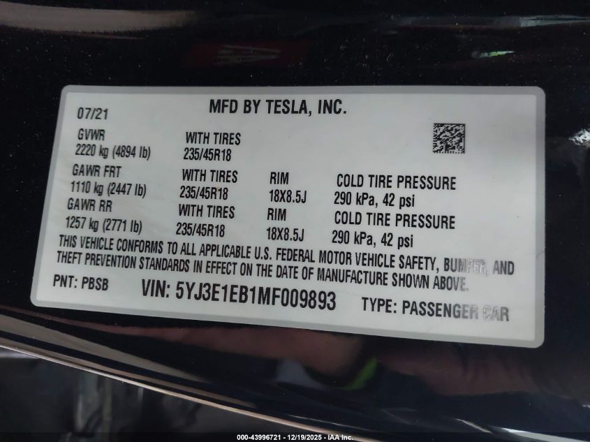 2021 Tesla Model 3 Long Range Dual Motor All-Wheel Drive VIN: 5YJ3E1EB1MF009893 Lot: 43996721