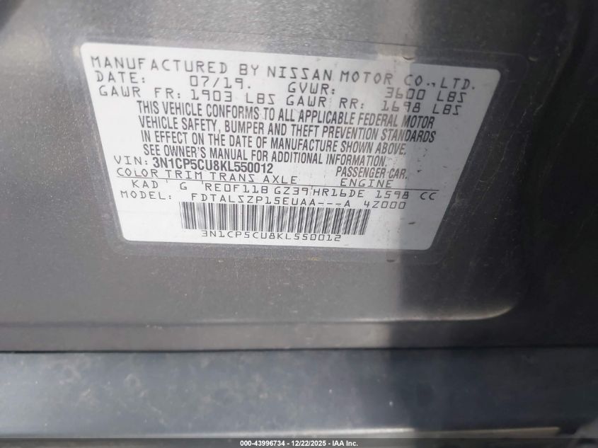 2019 Nissan Kicks Sv VIN: 3N1CP5CU8KL550012 Lot: 43996734