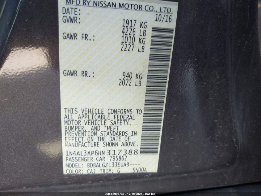 2017 Nissan Altima 2.5/2.5 S/2.5 Sl/2.5 Sr/2.5 Sv VIN: 1N4AL3AP6HN317388 Lot: 43996739