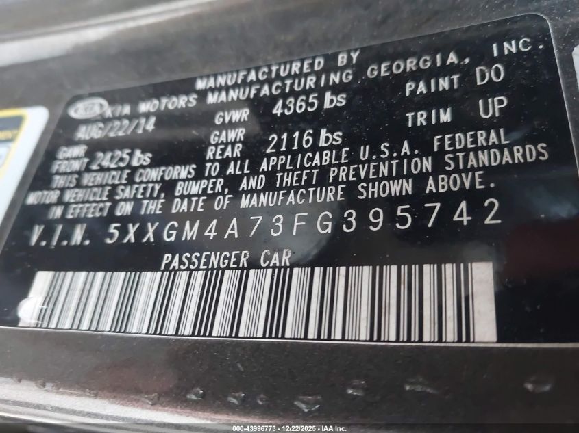 2015 Kia Optima Lx VIN: 5XXGM4A73FG395742 Lot: 43996773