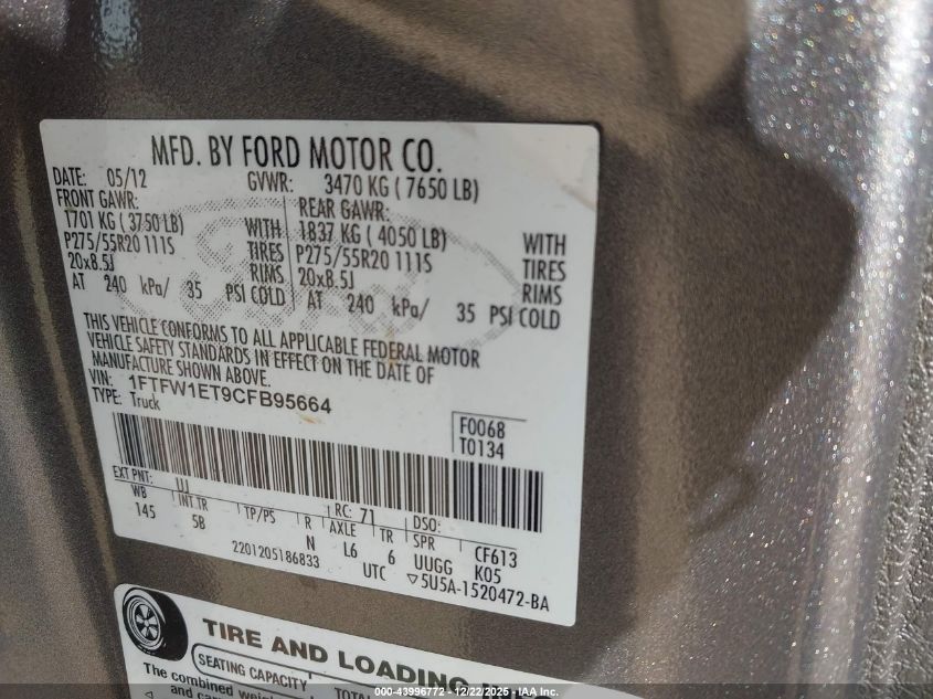 2012 Ford F-150 Fx4 VIN: 1FTFW1ET9CFB95664 Lot: 43996772