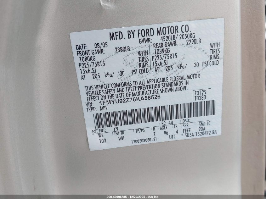 2006 Ford Escape Xls/Xls Manual VIN: 1FMYU92Z76KA58526 Lot: 43996785