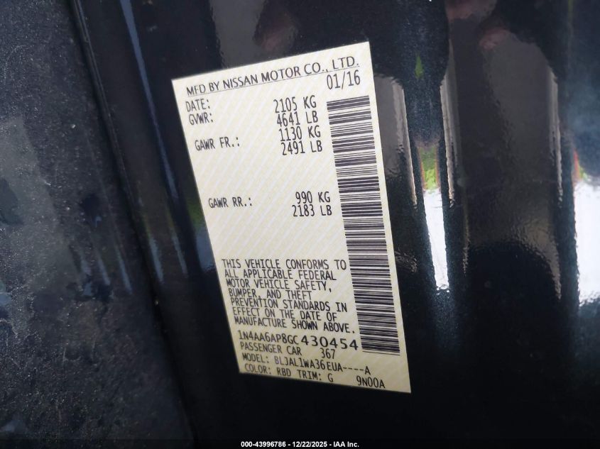 2016 Nissan Maxima 3.5 Sr VIN: 1N4AA6AP8GC430454 Lot: 43996786