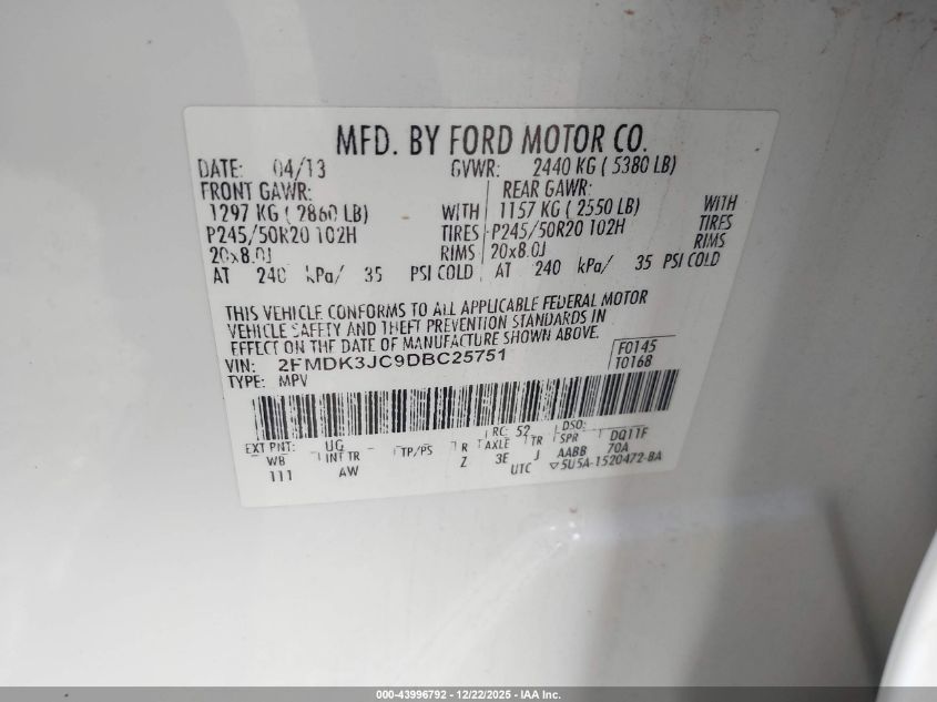 2013 Ford Edge Sel VIN: 2FMDK3JC9DBC25751 Lot: 43996792