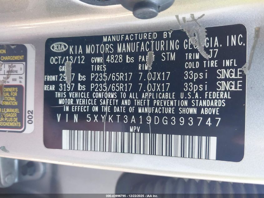 2013 Kia Sorento Lx VIN: 5XYKT3A19DG393747 Lot: 43996795