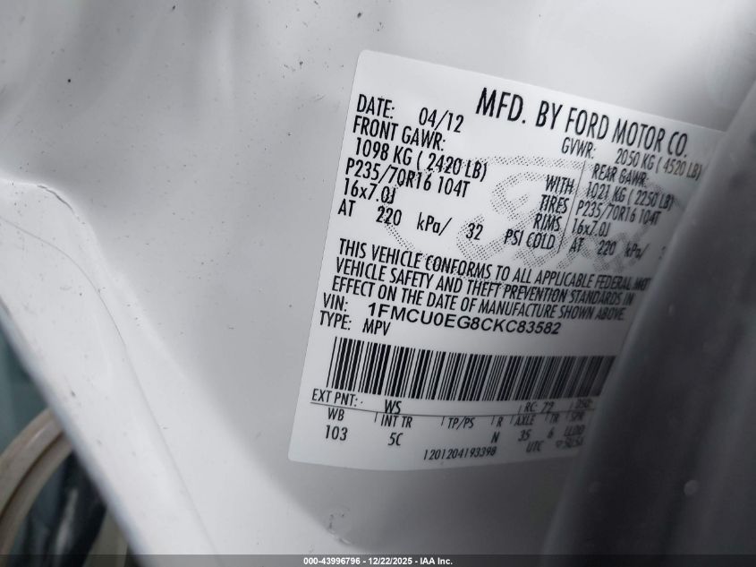 2012 Ford Escape Limited VIN: 1FMCU0EG8CKC83582 Lot: 43996796