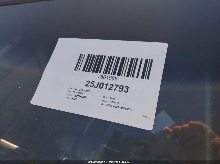 2008 Honda Civic Hybrid VIN: JHMFA36238S000977 Lot: 43996802