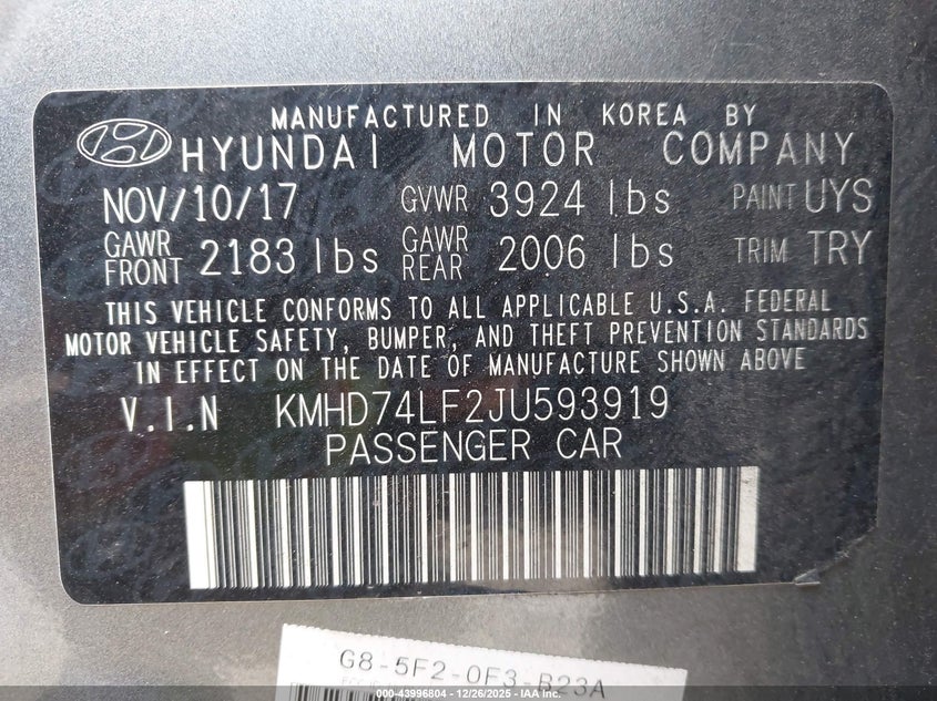 VIN KMHD74LF2JU593919 2018 HYUNDAI ELANTRA SE